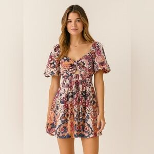 House Of Harlow 1960 Puff Sleeve Mini Dress Linen Floral Size 2 Garden Party